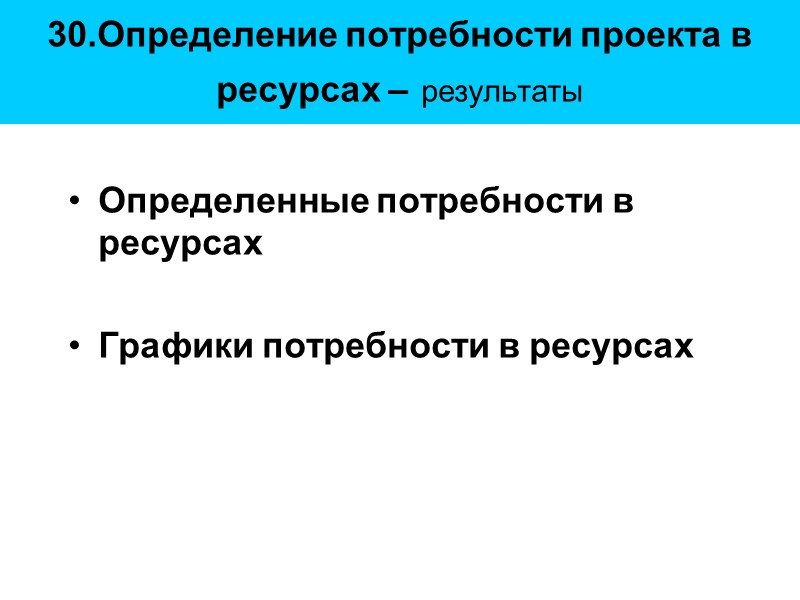 30.Определение потребности проекта в ресурсах – результаты Определенные потребности в ресурсах  Графики потребности